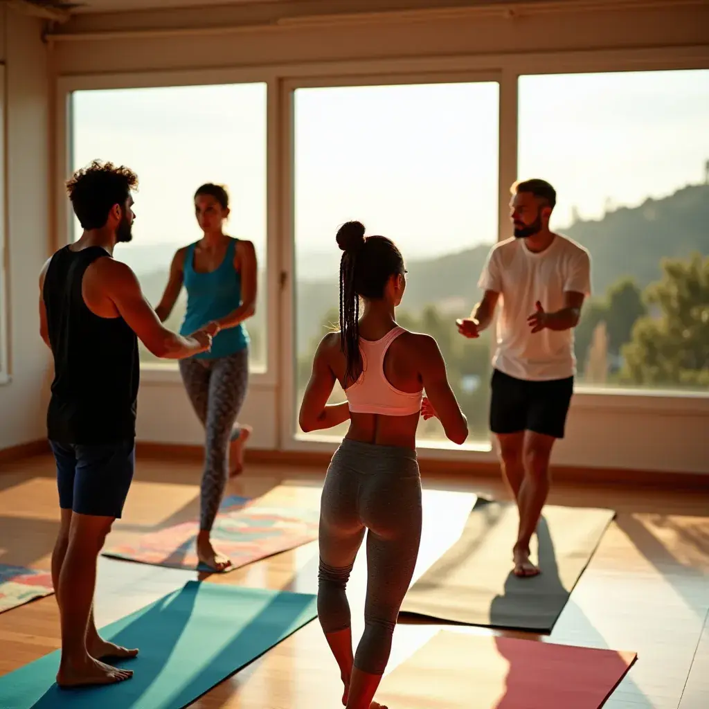 Instructora guiando una clase de pilates con atención a la alineación.
